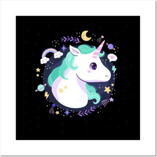 Cute unicorn with pastel color frame Posters and Art